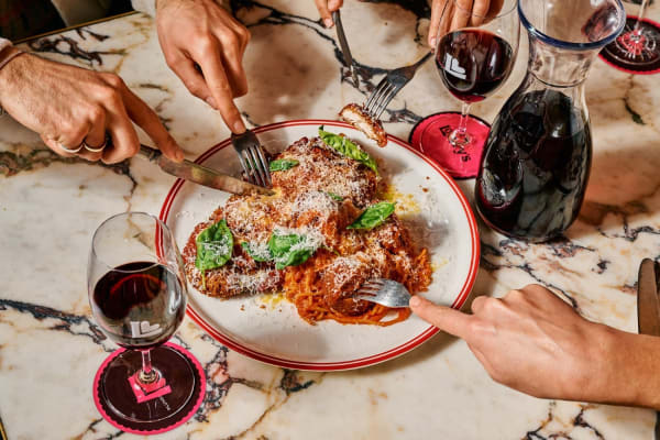 Chicken parmigiana with spaghetti meatballs at Louey's.